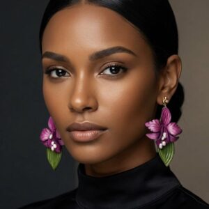 Pendientes de cuero legítimo con forma de orquídea fucsia y hojas verdes artesanales lucidos por modelo morena.