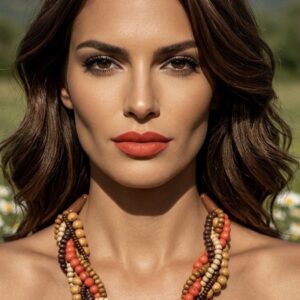 Modelo de rasgos marcados luciendo un collar tribal de semillas naturales brasileñas sobre el cuello, con maquillaje en tonos coral y fondo de naturaleza desenfocado.