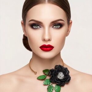 Gargantilla rígida dorada modelo Rosa Negra con una flor negra tridimensional y hojas verdes, lucida por una modelo con maquillaje elegante.