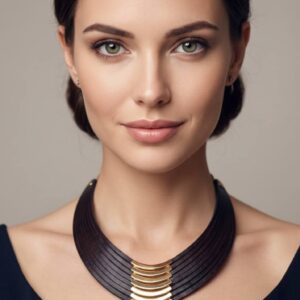 Mujer elegante con peinado pulido y escote negro luciendo collar gargantilla ébano y apliques dorados By Ales