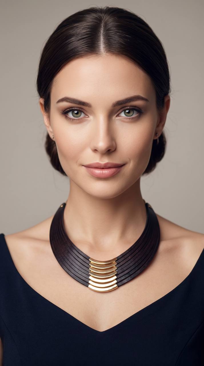 Mujer elegante con peinado pulido y escote negro luciendo collar gargantilla ébano y apliques dorados By Ales